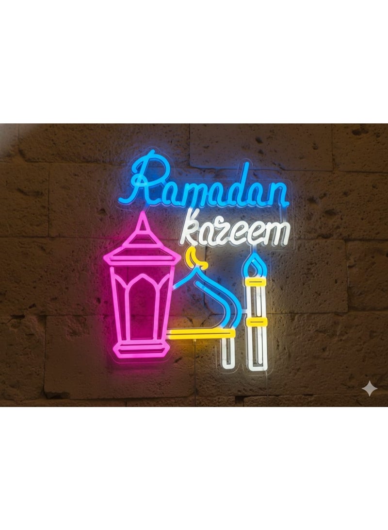 Ramadan Kareem LED Neon Sign – Multi-Color Islamic Wall Art with Lantern, Mosque Dome & Minaret Decor
